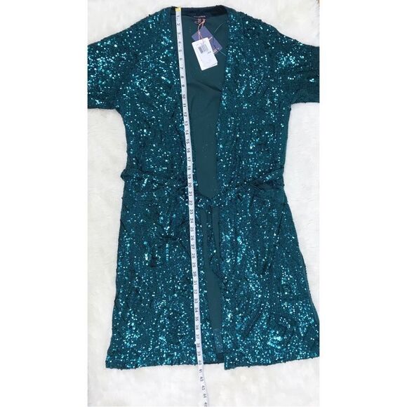 SKIES ARE BLUE Teal Sequin Belted Duster Cardigan Kimono Wrap Size XS/S New - Picture 14 of 14